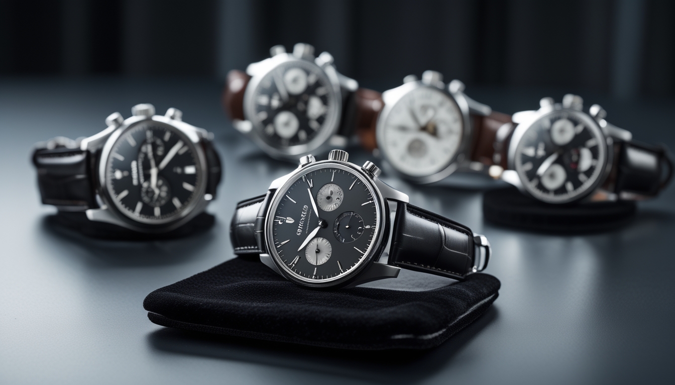 Beberapa jam tangan mewah IWC Schaffhausen tersusun rapi di atas permukaan hitam dengan latar belakang gelap.