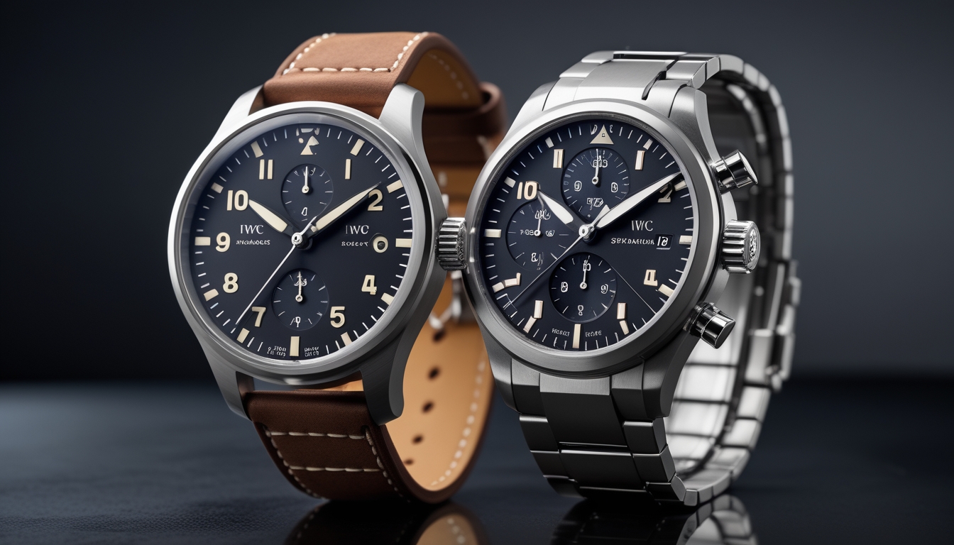Dua jam tangan mewah IWC Schaffhausen, Pilot dan Ingenieur 2026, berdampingan di atas permukaan hitam mengkilap.