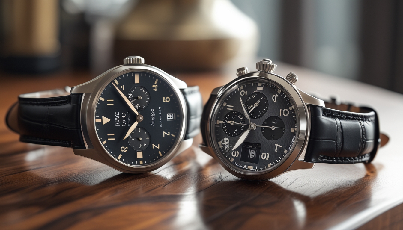 Dua jam tangan mewah IWC Schaffhausen Pilot dan Ingenieur 2026 diletakkan berdampingan di atas permukaan kayu.
