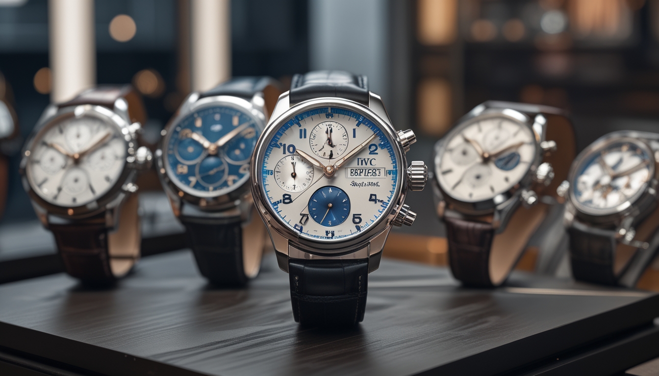 Beberapa jam tangan IWC Schaffhausen edisi terbatas 2026 ditampilkan di atas permukaan kayu gelap dengan latar belakang butik jam tangan mewah.