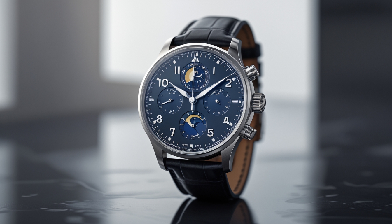 Jam tangan mewah Swiss IWC Schaffhausen Perpetual Calendar ProSet 2026 dengan tampilan kalender abadi, terletak di atas permukaan gelap yang reflektif.