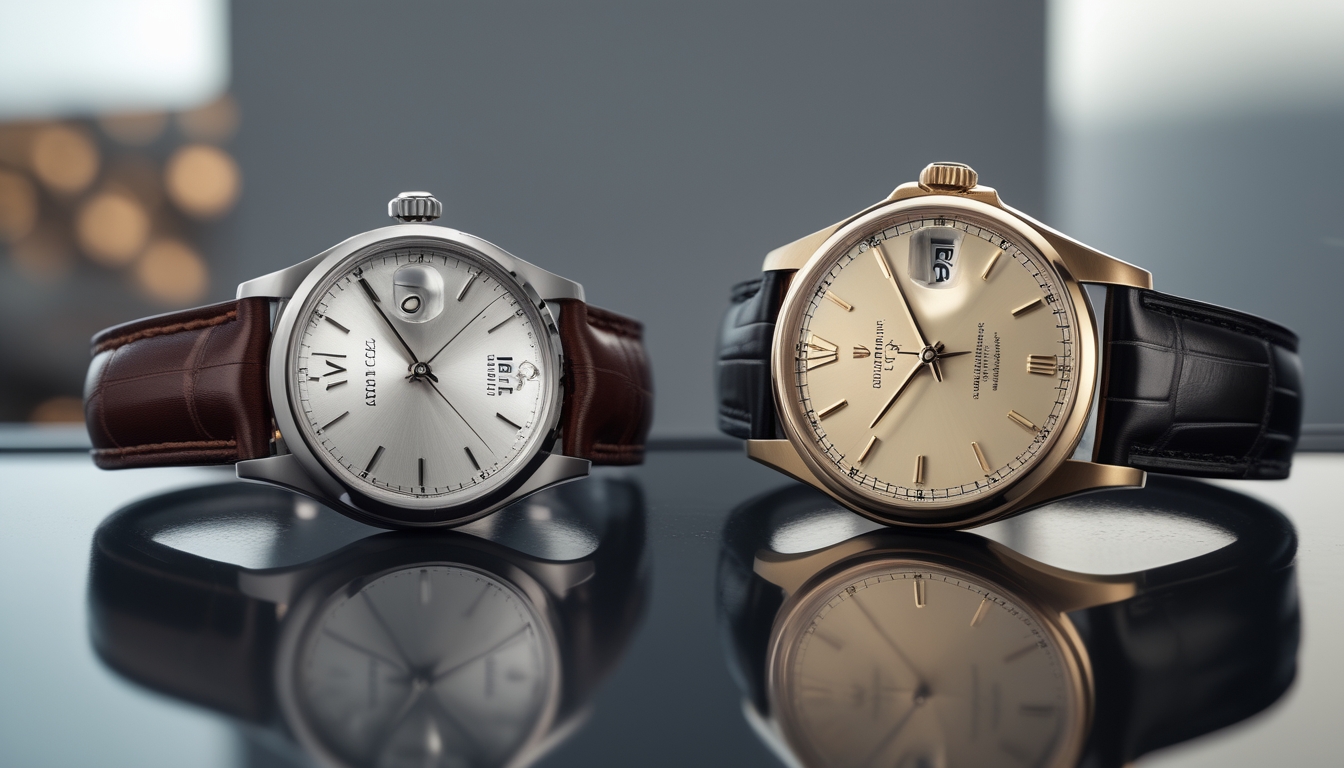 Dua jam tangan mewah, satu IWC Schaffhausen dan satu Rolex, diletakkan berdampingan di atas permukaan hitam reflektif.