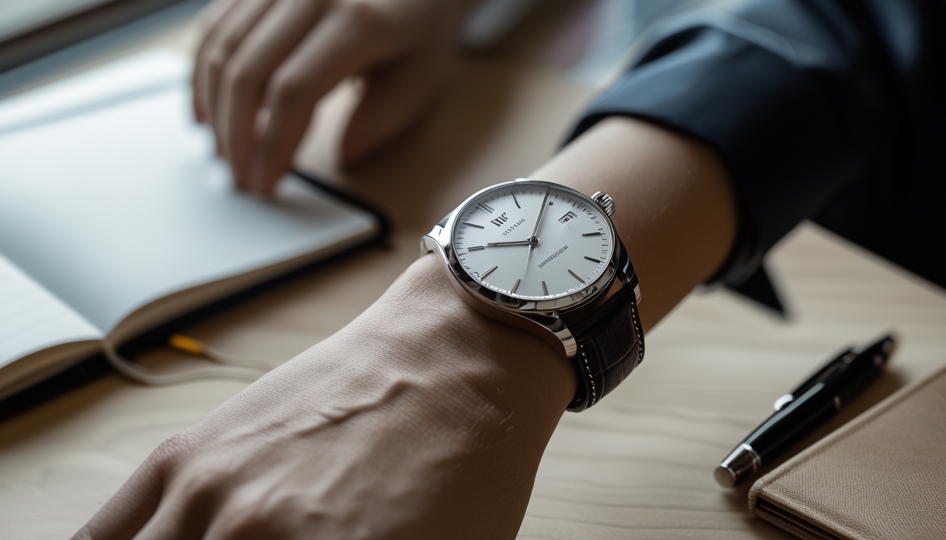 Tangan dengan jam tangan IWC Schaffhausen mewah di meja kayu dengan buku catatan dan pena.