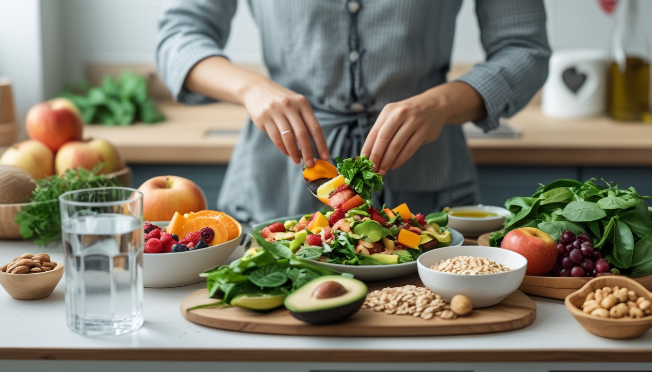 Meja dapur dengan berbagai makanan sehat seperti buah, sayur, kacang, dan minyak zaitun, dengan tangan sedang menyiapkan salad segar.