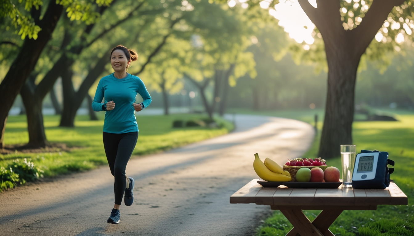 Seorang wanita Asia berusia menengah sedang jogging di taman hijau dengan meja berisi buah segar, air, dan alat pengukur tekanan darah di dekatnya.