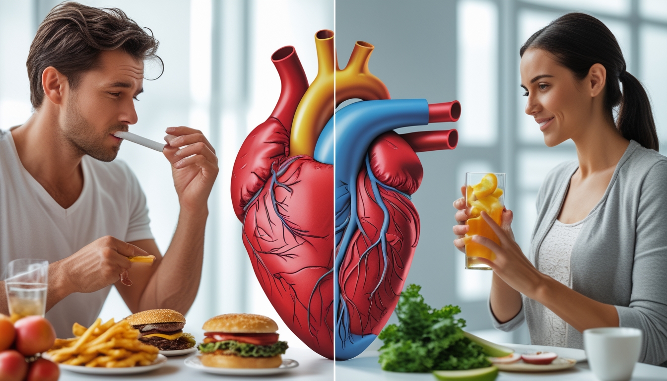 Gambar seseorang yang menunjukkan perbedaan antara kebiasaan buruk seperti merokok dan makan makanan cepat saji dengan kebiasaan sehat seperti berolahraga dan makan buah-buahan segar.