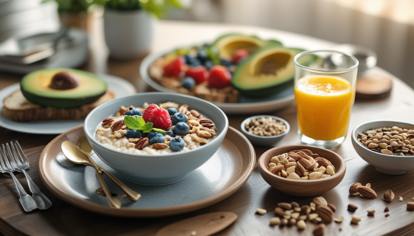Pemandangan meja sarapan dengan oatmeal, buah beri, alpukat, roti gandum, jus jeruk, dan kacang-kacangan.
