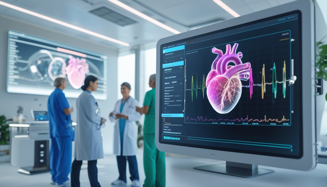 Seorang dokter dan perawat sedang memeriksa data jantung menggunakan alat medis canggih di klinik modern.