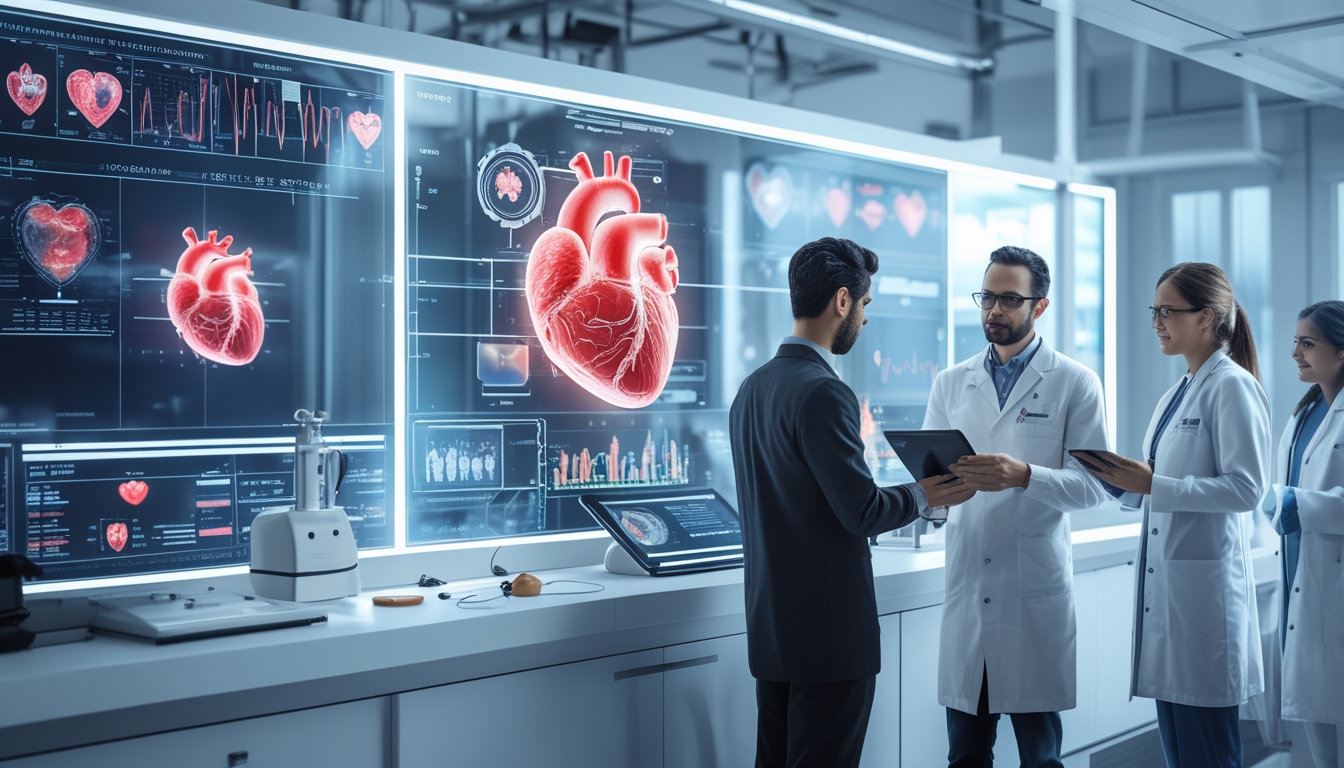 Seorang dokter dan ilmuwan data sedang menganalisis data jantung menggunakan peralatan medis canggih di laboratorium modern.