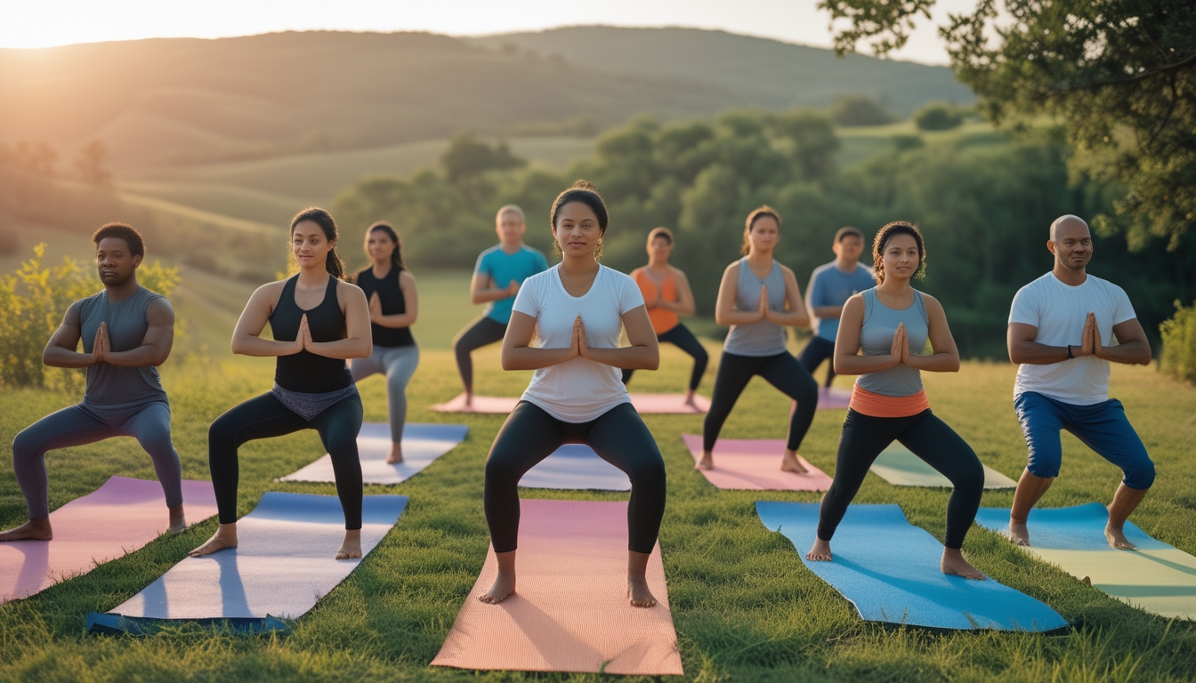Sekelompok orang melakukan berbagai pose yoga di luar ruangan saat matahari terbit, dengan latar belakang alam yang hijau dan langit cerah.