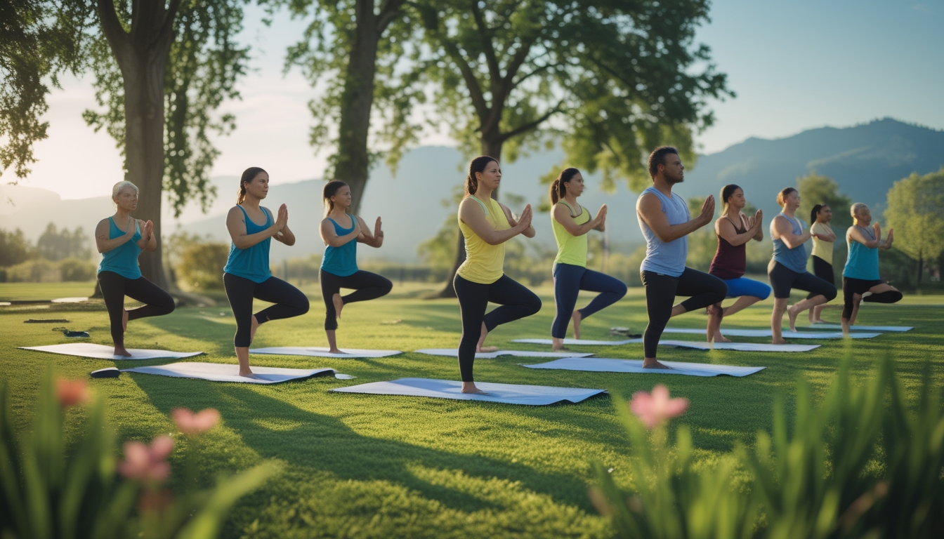 Sekelompok orang melakukan yoga di taman hijau yang tenang pada pagi hari dengan latar belakang pepohonan dan langit cerah.