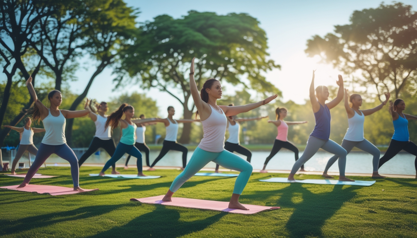 Sekelompok orang beragam usia dan etnis sedang melakukan gerakan yoga di taman hijau dengan langit cerah dan air tenang di pagi hari.