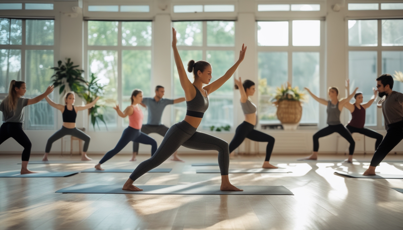 Seorang wanita melakukan pose yoga di studio dengan beberapa orang lain berlatih yoga di latar belakang.