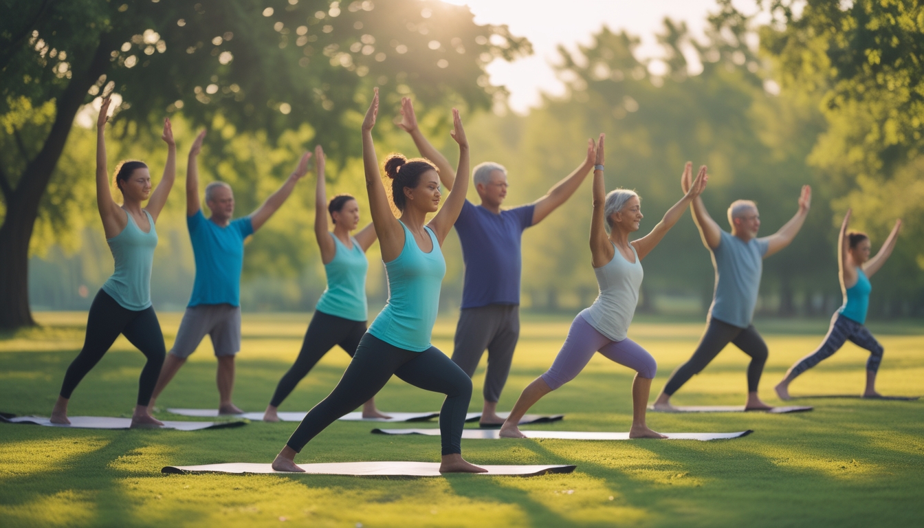 Sekelompok orang berlatih yoga di taman yang tenang dengan latar belakang pepohonan hijau dan langit biru.