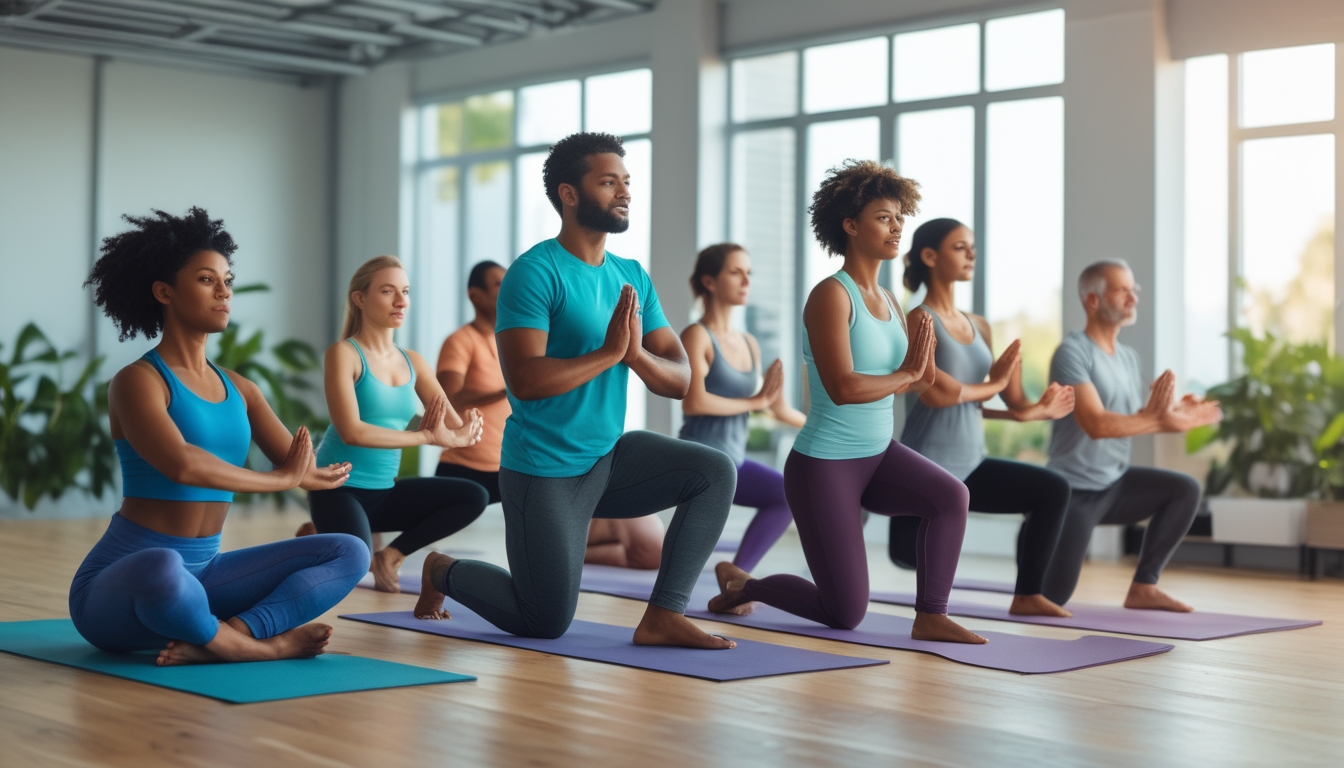 Sekelompok pria dan wanita dewasa sedang melakukan yoga di dalam ruangan dengan pencahayaan alami.