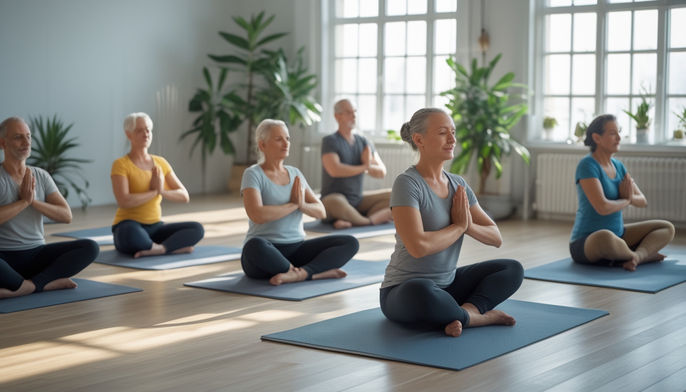 Sekelompok orang melakukan yoga di studio yang terang dan tenang dengan ekspresi fokus dan damai.