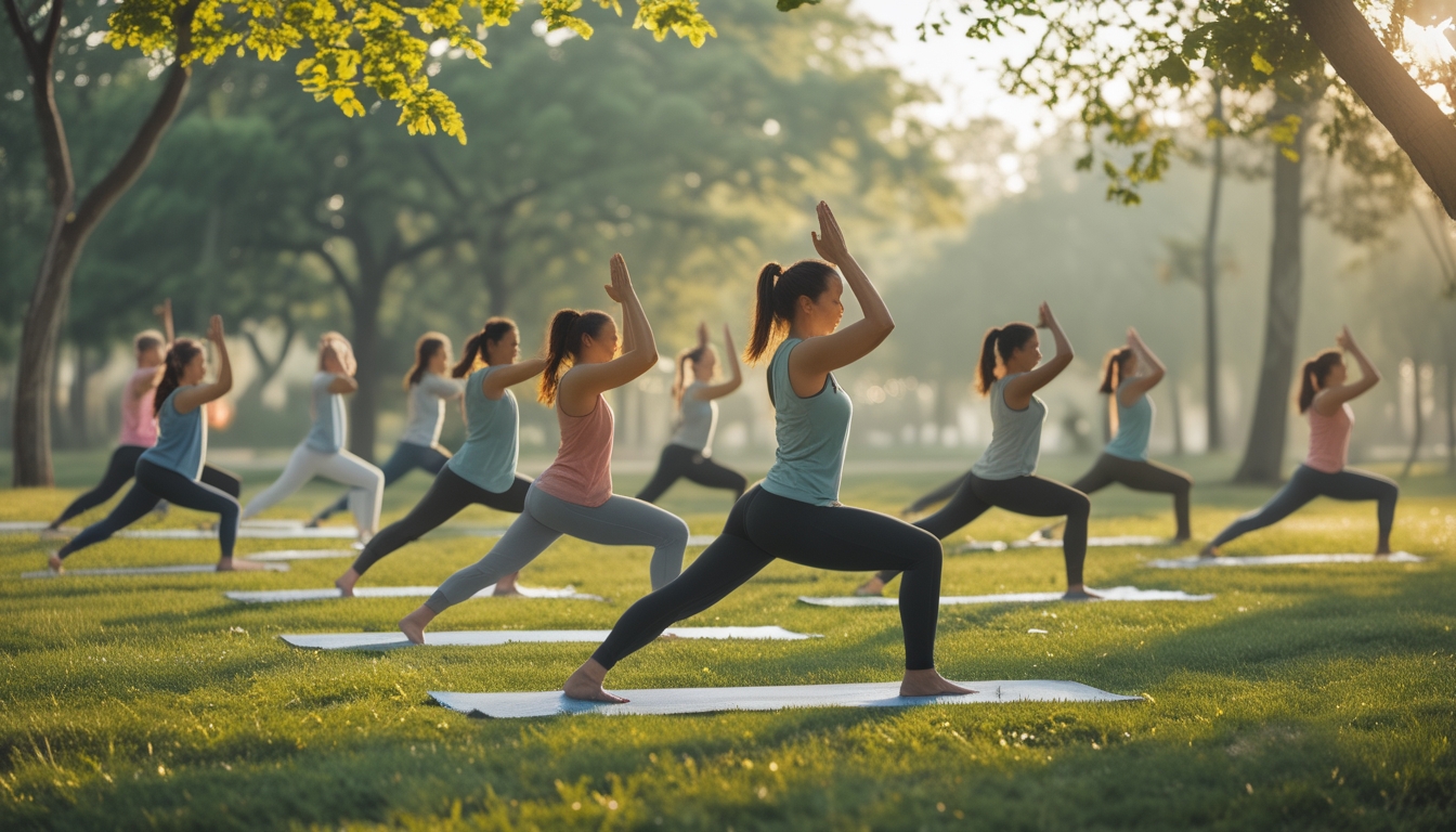Sekelompok orang sedang melakukan yoga di taman yang hijau dan cerah pada pagi hari.