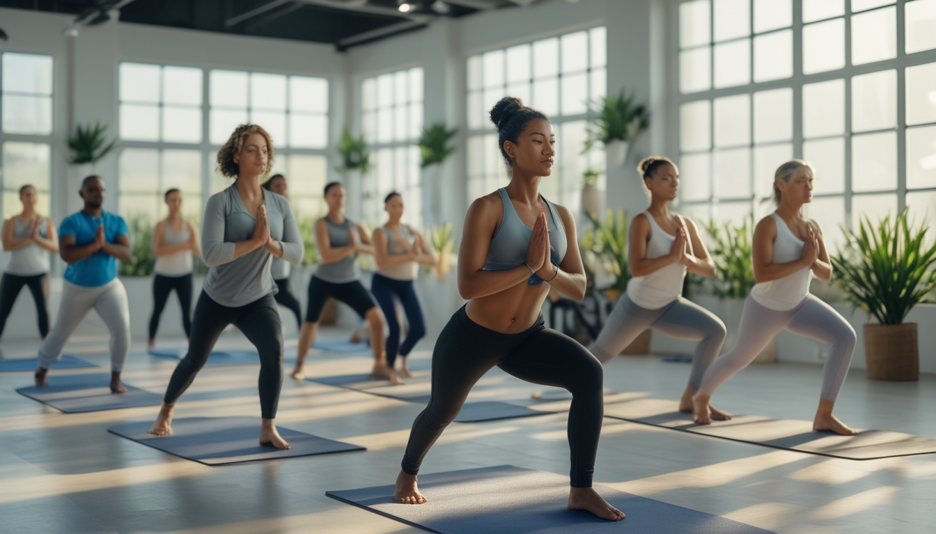 Sekelompok orang sedang melakukan pose yoga di dalam studio dengan cahaya matahari alami, fokus pada kebugaran dan relaksasi.