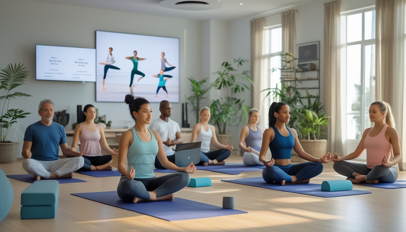 Beberapa orang sedang melakukan yoga di dalam rumah dengan alat digital untuk mengikuti kelas yoga online.