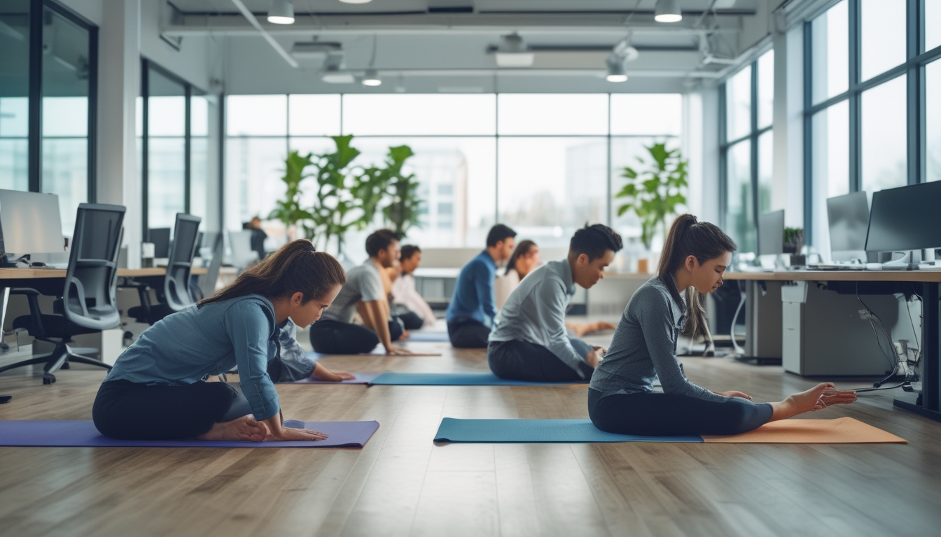 Sejumlah pekerja di kantor modern sedang melakukan yoga untuk mengatasi nyeri punggung dan kelelahan setelah bekerja.