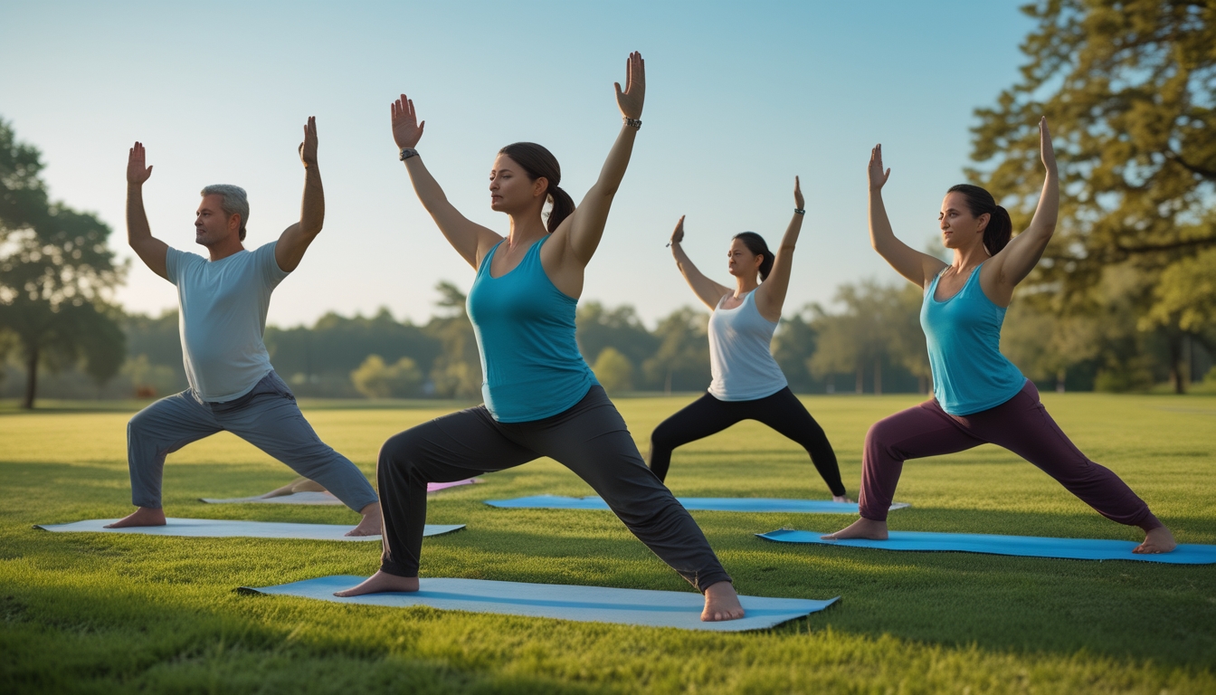 Empat orang dewasa sedang melakukan berbagai jenis yoga di taman dengan latar belakang pohon dan langit cerah.