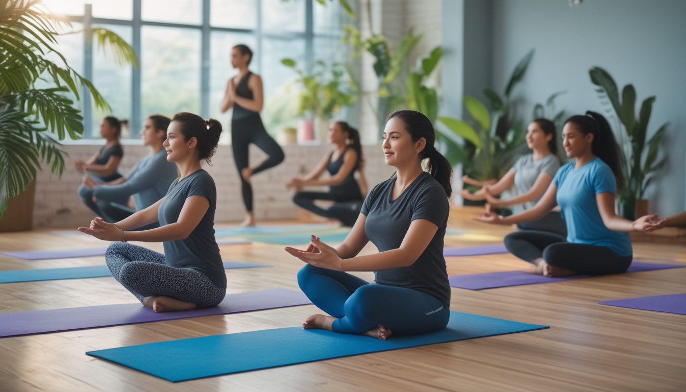 Sekelompok orang melakukan yoga di studio terang dengan tanaman hijau dan instruktur yang memimpin sesi yoga.
