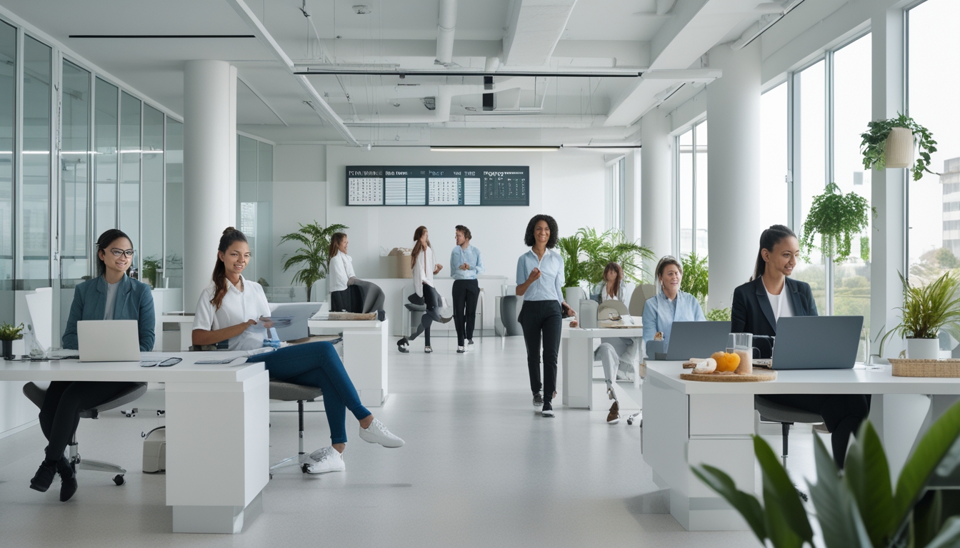 Sekelompok karyawan modern di kantor terang yang sedang bekerja dan bersantai, menunjukkan keseimbangan antara pekerjaan dan kehidupan pribadi.