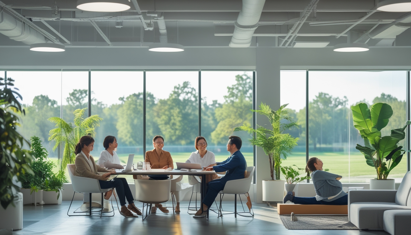 Sekelompok profesional bekerja dan beristirahat di ruang kantor modern dengan pemandangan taman hijau, menunjukkan keseimbangan antara kerja dan kehidupan pribadi.