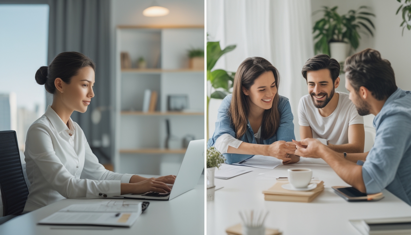 Seorang profesional bekerja di kantor modern di sebelah kiri, sementara di sebelah kanan terlihat keluarga yang sedang bersantai dan bermain bersama di rumah.