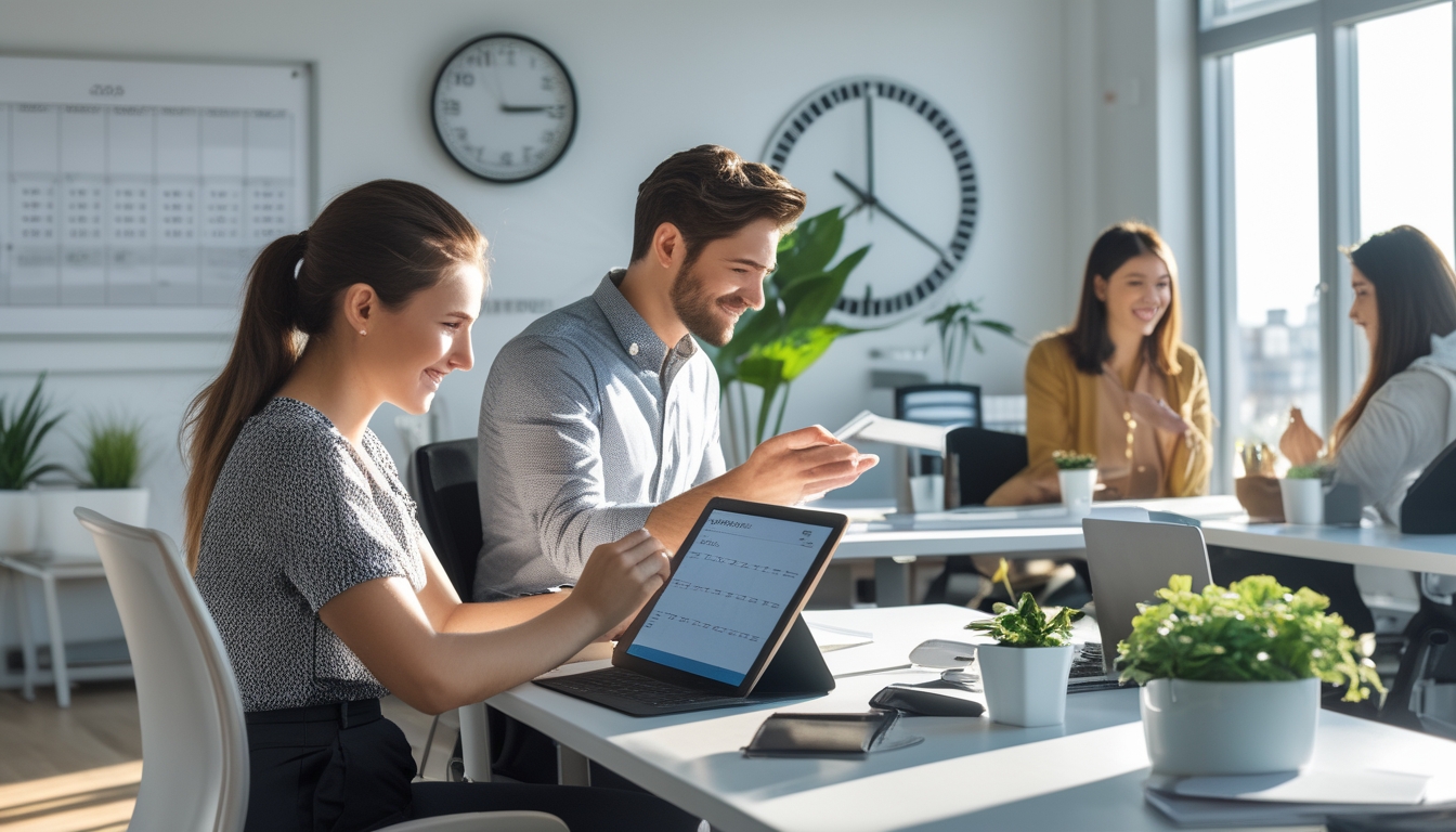 Sekelompok profesional muda bekerja di kantor modern yang terang dengan suasana terorganisir, menggunakan perencana digital dan menikmati waktu istirahat, menunjukkan pengelolaan waktu dan keseimbangan kerja-hidup.