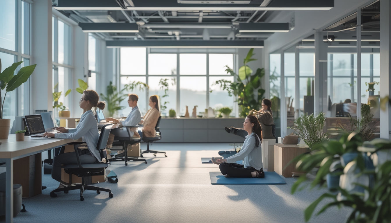 Orang-orang di kantor modern yang sedang bekerja dan beristirahat dengan suasana tenang dan seimbang.