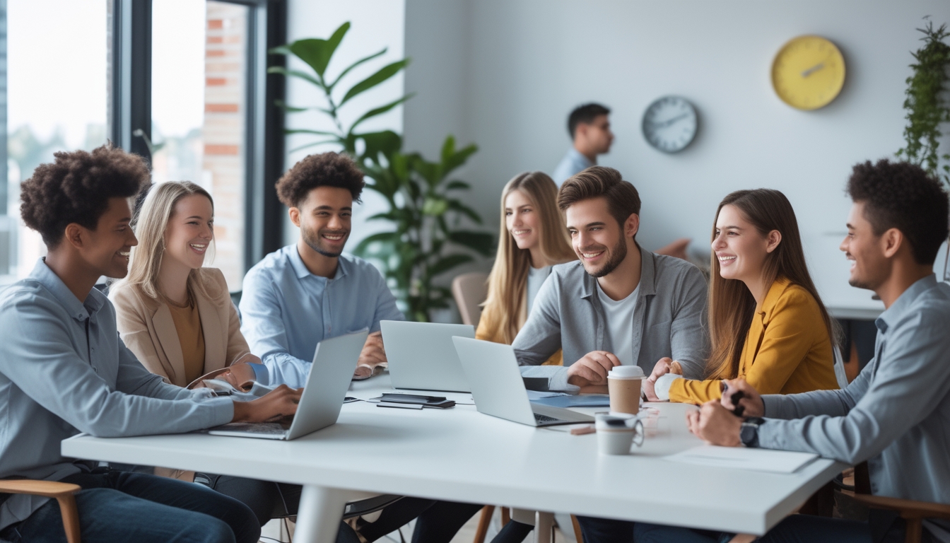 Sekelompok profesional muda bekerja dan bersantai bersama di ruang kantor modern yang terang dan nyaman.