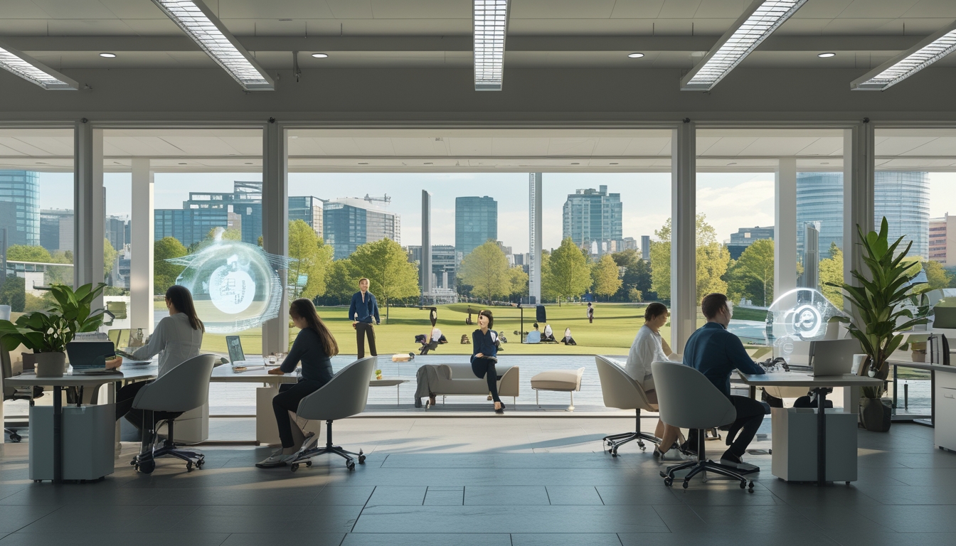 Orang-orang bekerja di kantor modern yang cerah dengan pemandangan taman di luar, menunjukkan keseimbangan antara pekerjaan dan kehidupan pribadi.