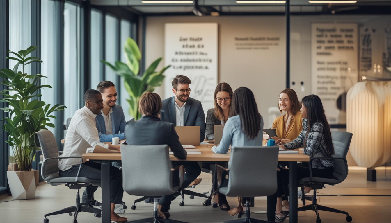 Sekelompok karyawan beragam sedang rapat di kantor modern dengan pencahayaan alami dan tanaman, menunjukkan suasana kerja yang sehat dan produktif.