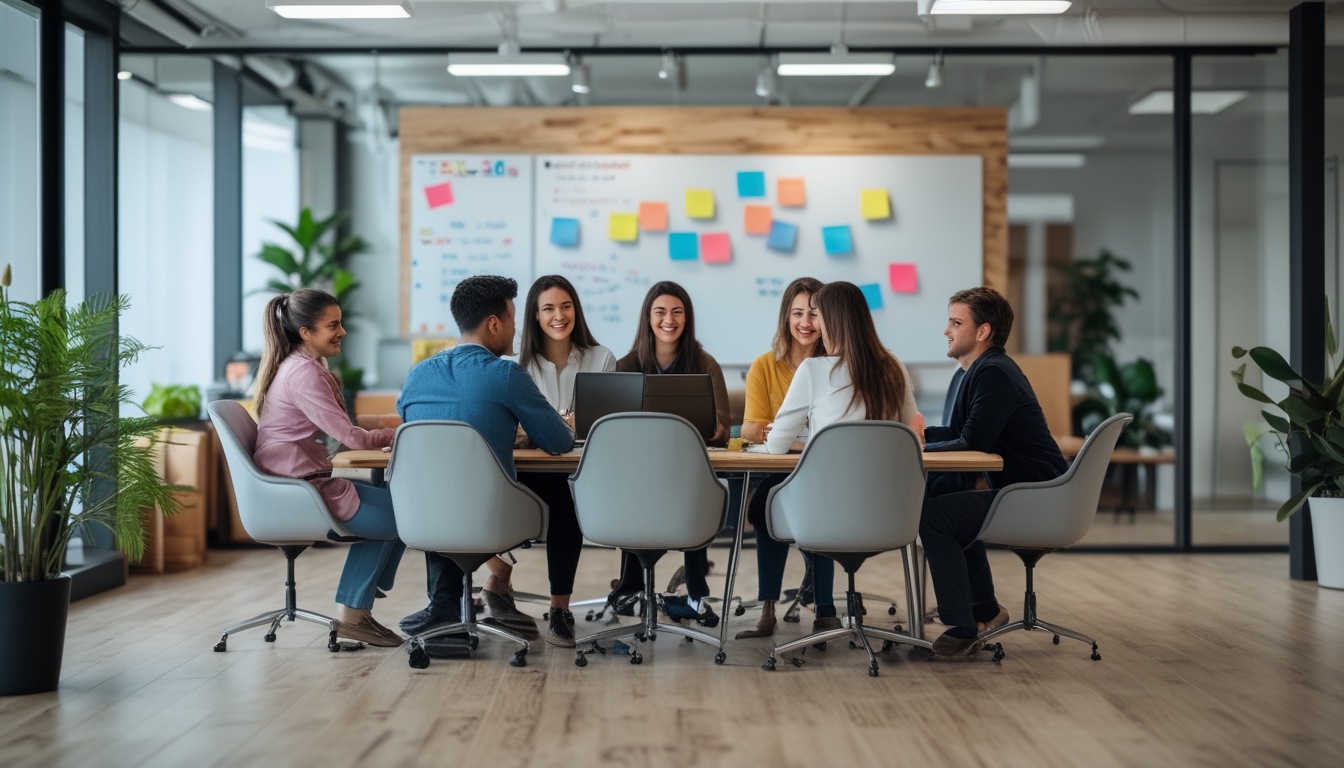 Sekelompok karyawan yang beragam sedang rapat di kantor modern dengan suasana cerah dan ramah, menunjukkan kebahagiaan dan kerjasama tim.