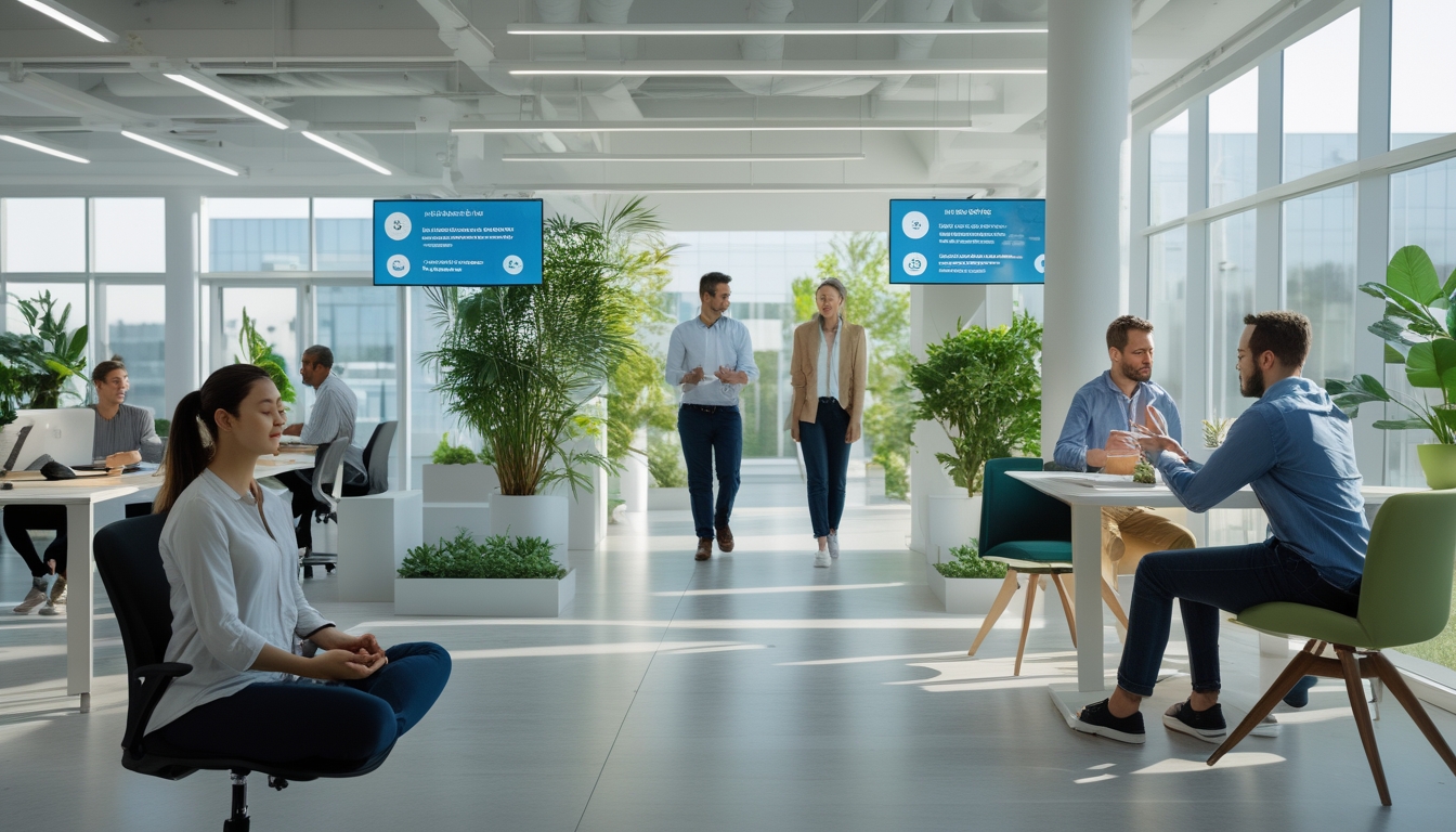 Beberapa karyawan di kantor modern sedang melakukan aktivitas untuk menjaga kesehatan mental, seperti meditasi, berjalan di taman dalam ruangan, dan berdiskusi santai.