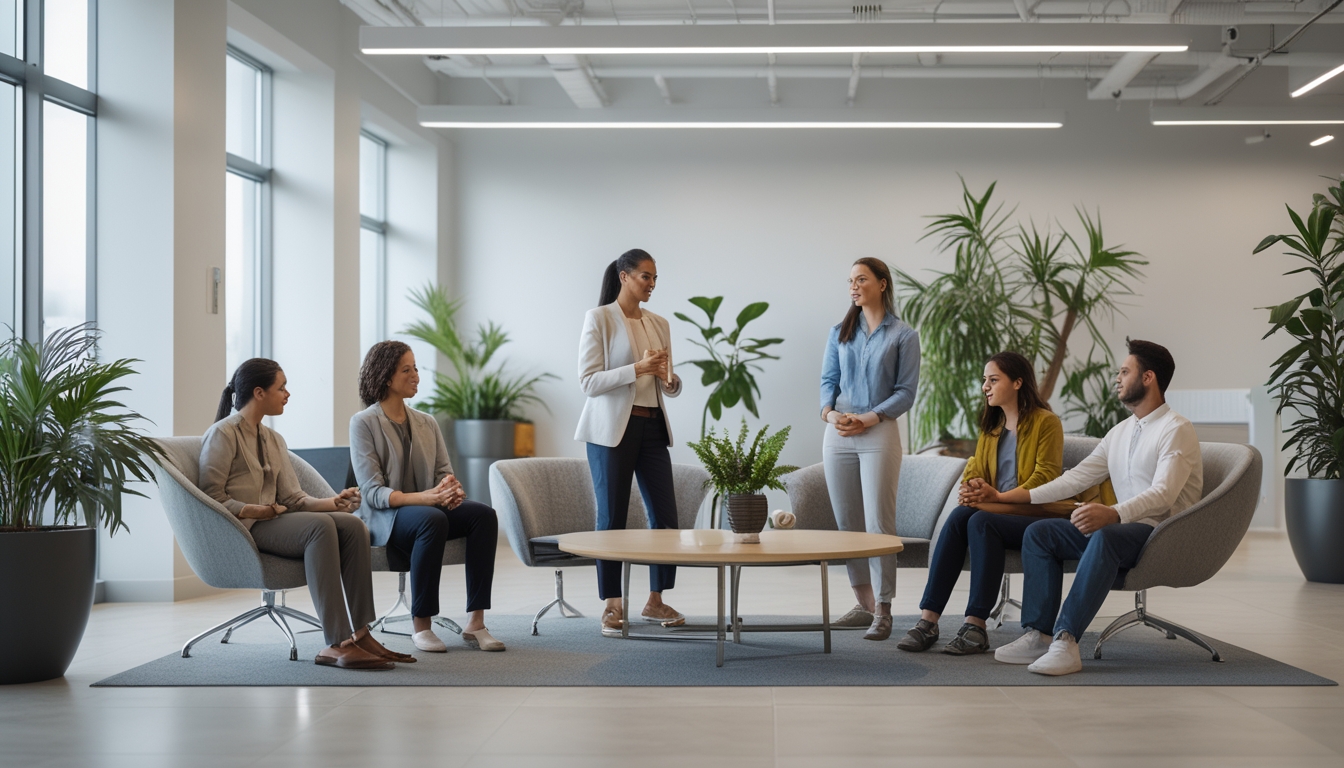 Karyawan di kantor modern sedang berdiskusi dengan santai dan mendukung satu sama lain dalam suasana kerja yang tenang dan nyaman.