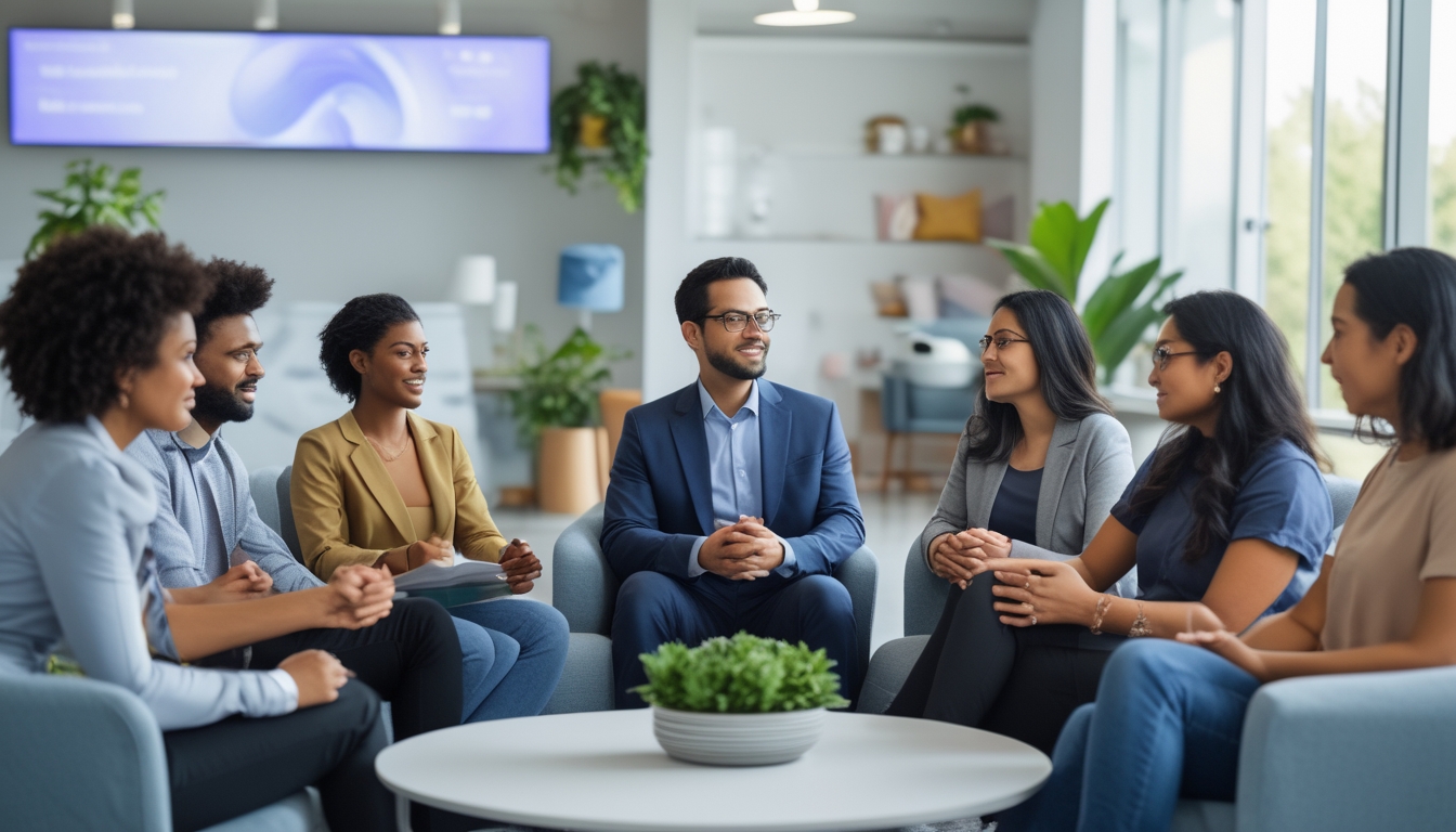 Sekelompok karyawan yang beragam sedang berdiskusi dalam ruang kantor yang terang dan nyaman dengan suasana yang mendukung kesehatan mental.