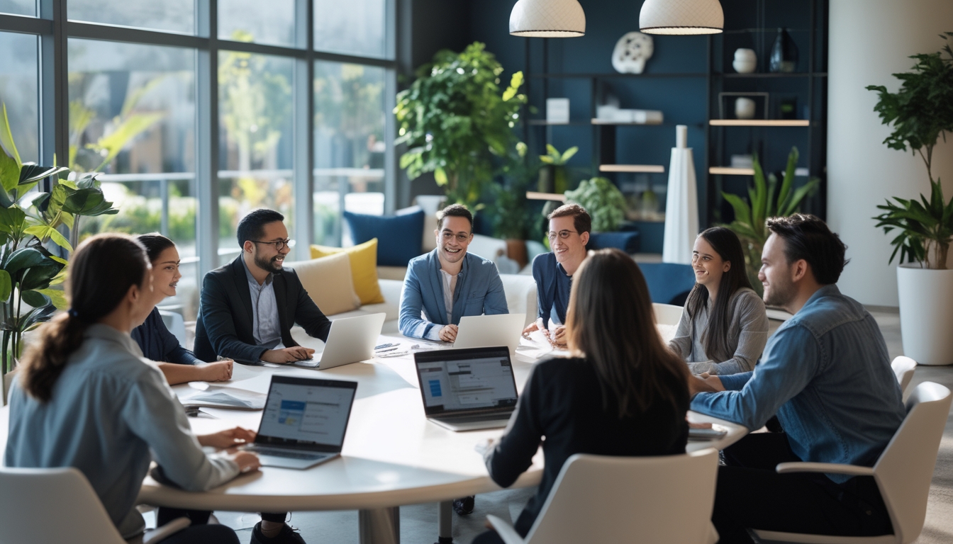 Sekelompok karyawan beragam sedang rapat santai di kantor modern dengan pencahayaan alami dan dekorasi yang menenangkan.