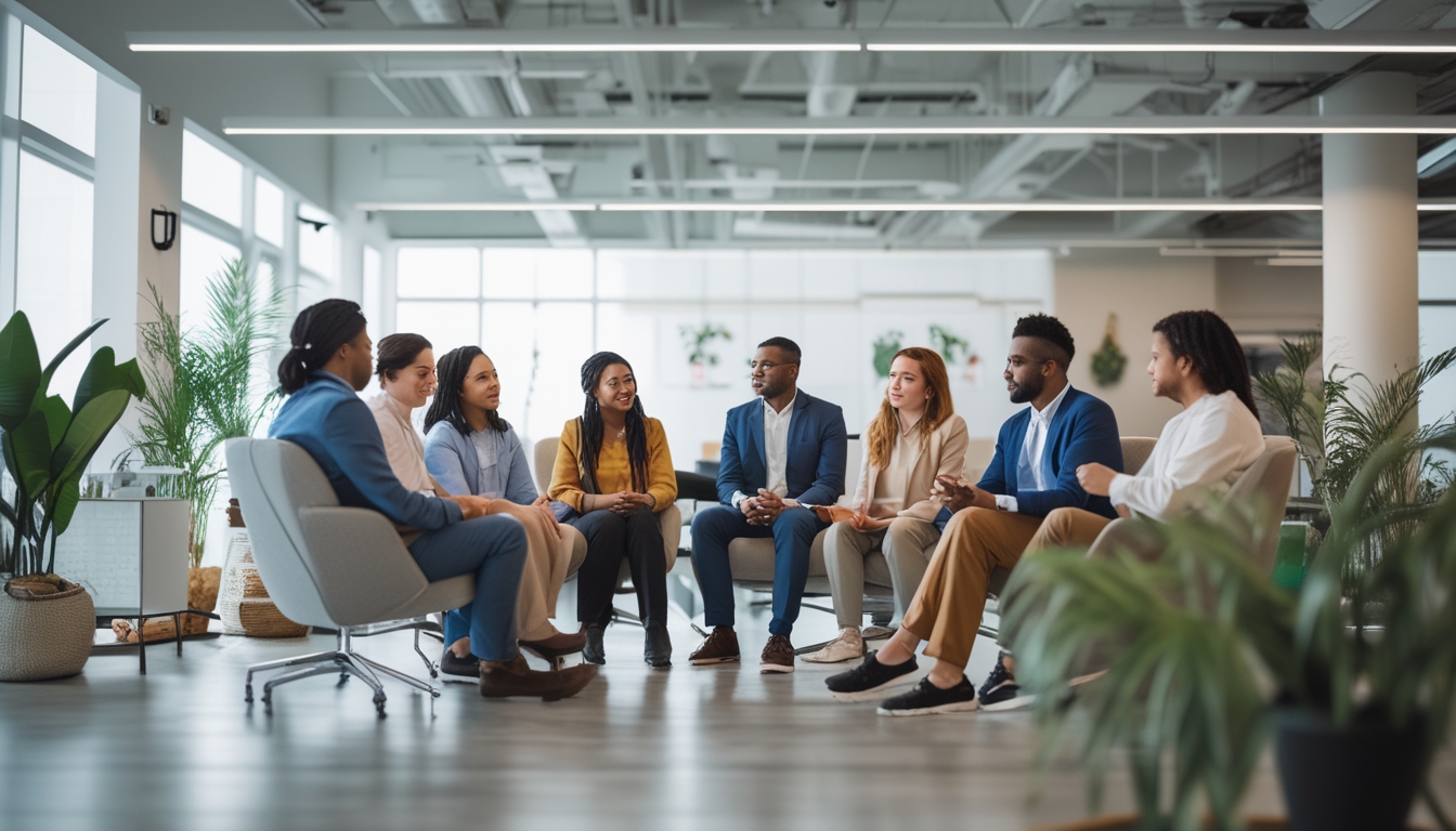 Sekelompok karyawan beragam sedang berdiskusi di kantor modern yang terang dengan suasana mendukung kesehatan mental.