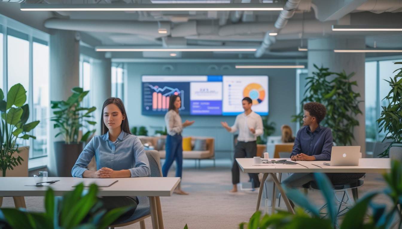 Karyawan di kantor modern sedang bekerja dan beristirahat dengan suasana yang tenang dan nyaman, menunjukkan fokus, motivasi, dan keseimbangan kerja-hidup.