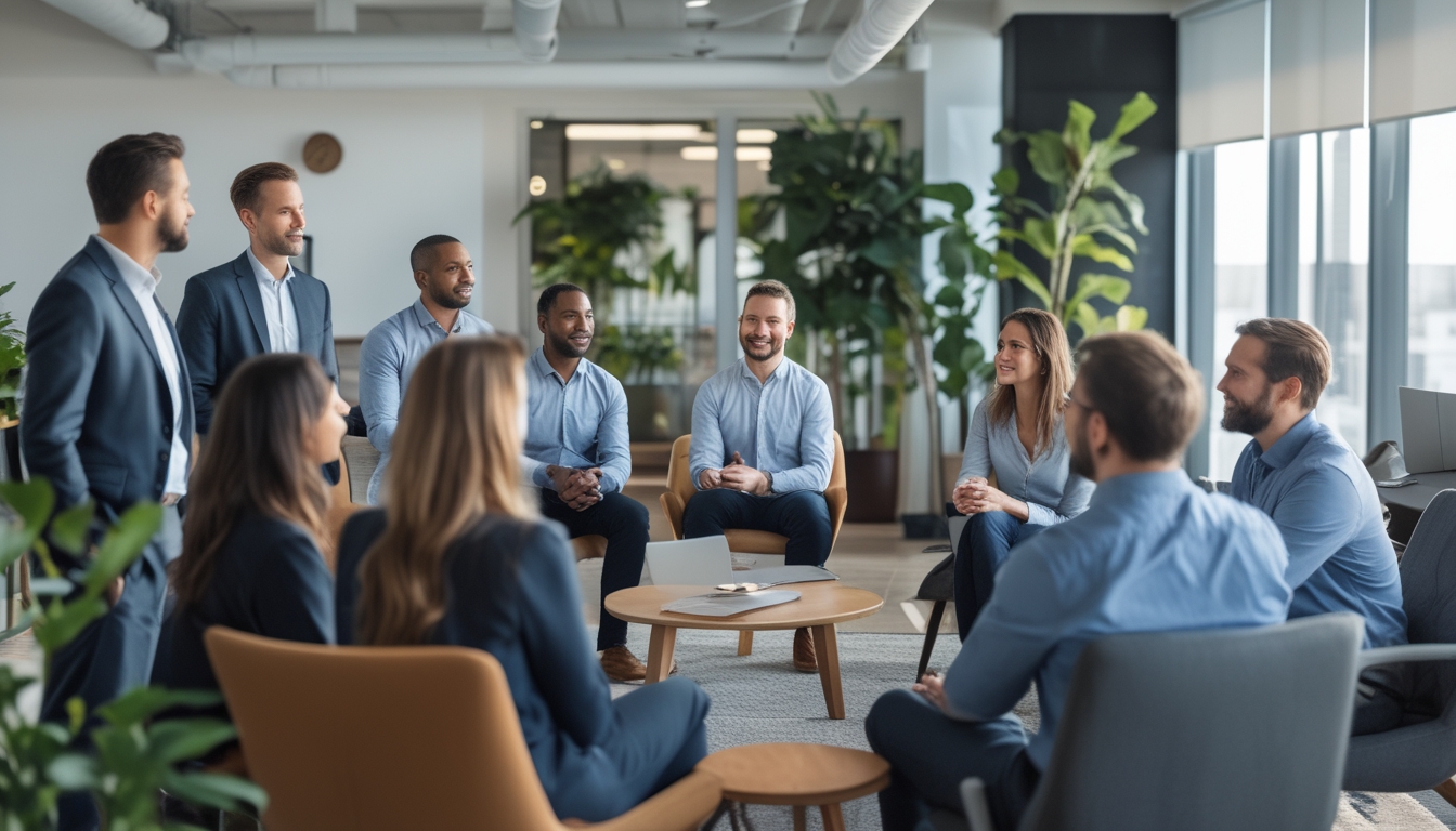 Sekelompok karyawan dan pemimpin perusahaan sedang mengikuti workshop kesehatan mental di kantor yang terang dan nyaman.