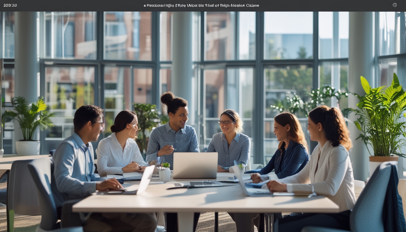 Sejumlah karyawan beragam sedang bekerja dan berinteraksi secara positif di kantor yang terang dan nyaman dengan tanaman dan perabot ergonomis.
