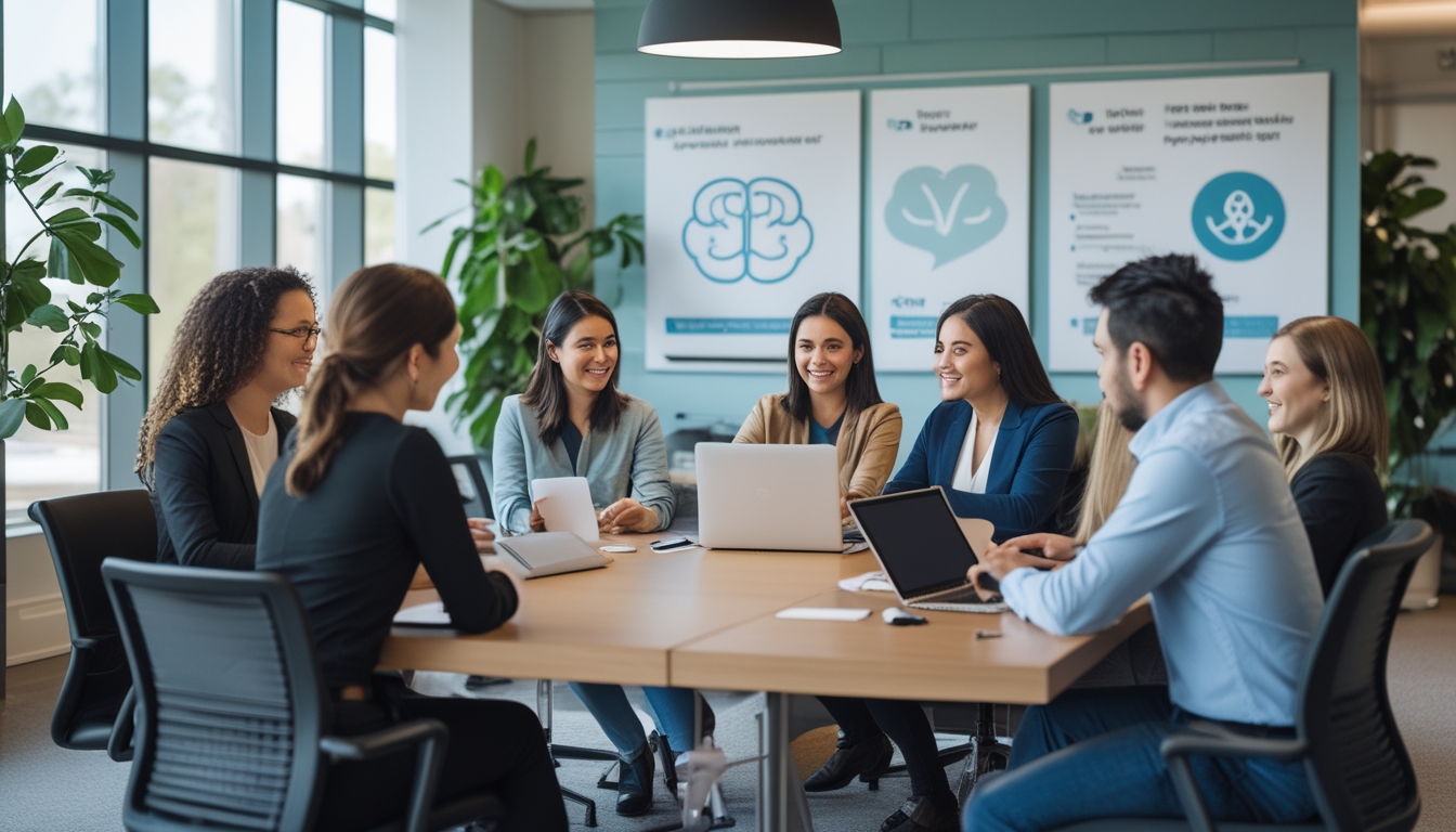 Sekelompok karyawan yang beragam sedang berdiskusi dalam ruang kantor modern dengan pencahayaan alami dan tanaman, menunjukkan suasana kerja yang positif dan mendukung kesehatan mental.
