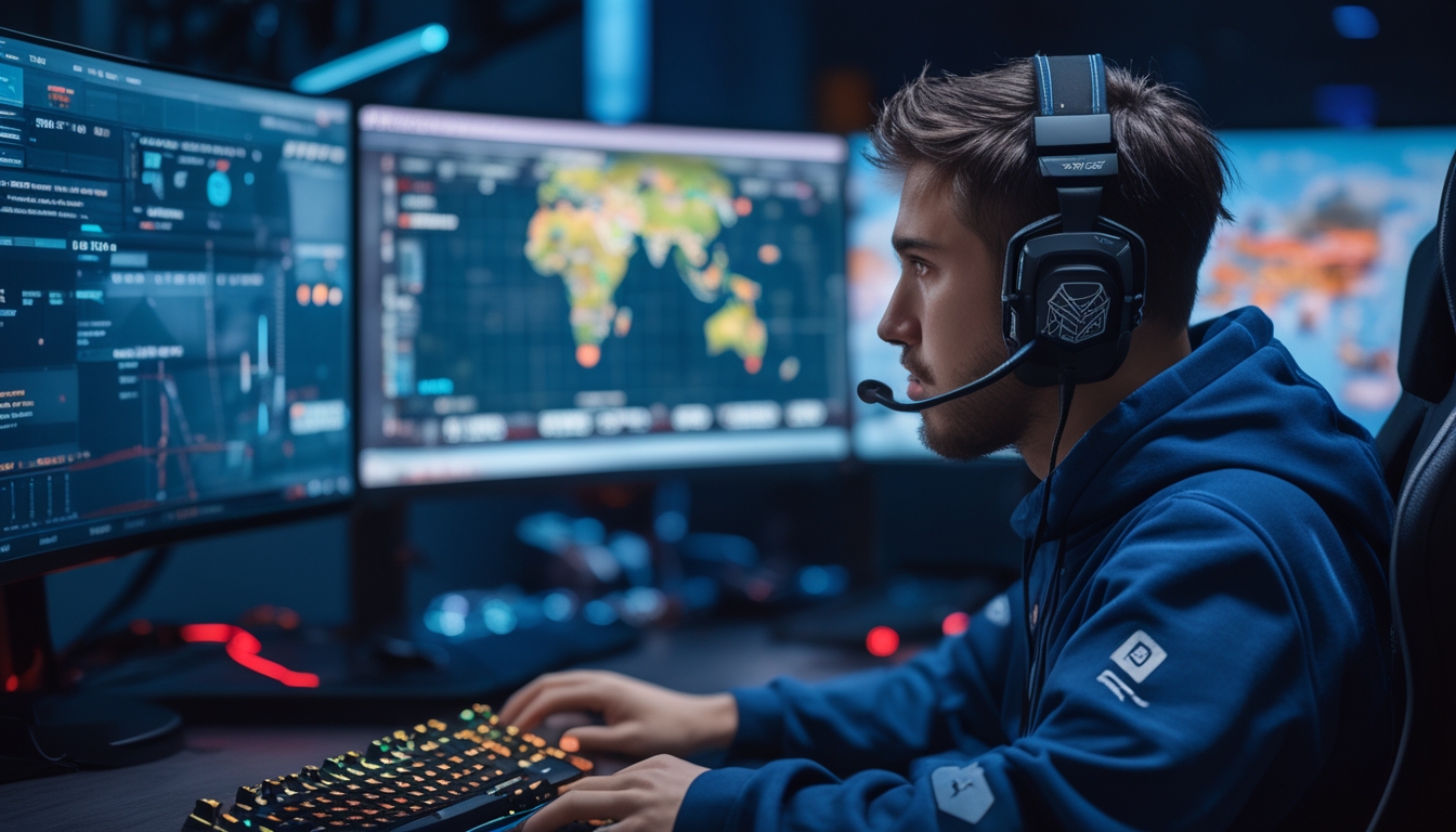Seorang pemain esports serius sedang bermain game tembak-menembak di depan komputer dengan perlengkapan gaming lengkap di ruangan yang terang.