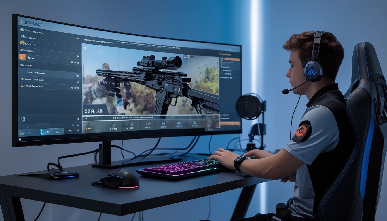 Seorang gamer fokus bermain game tembak-menembak di depan monitor besar dengan pengaturan senjata dan recoil yang terlihat di layar.