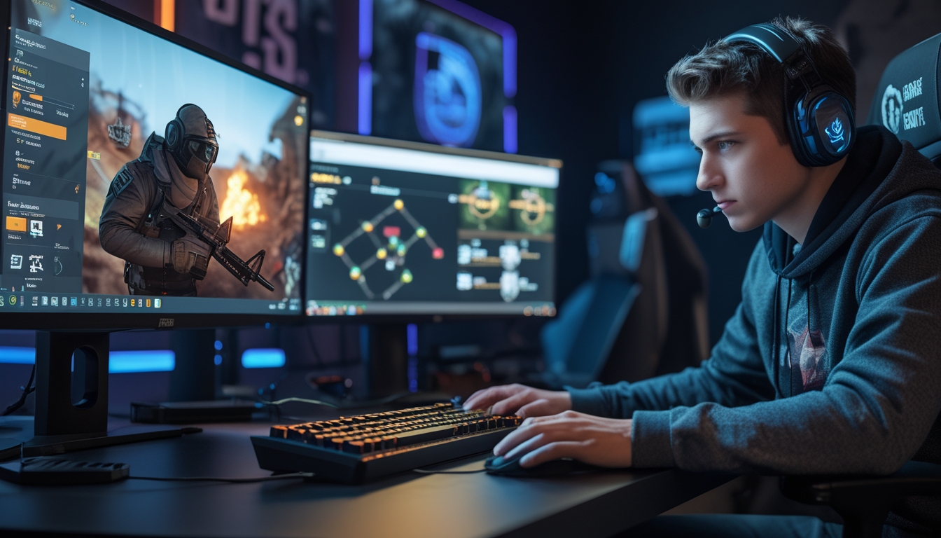 Seorang pemain solo sedang fokus bermain Rainbow Six Siege di depan komputer dengan beberapa monitor yang menampilkan permainan taktis.