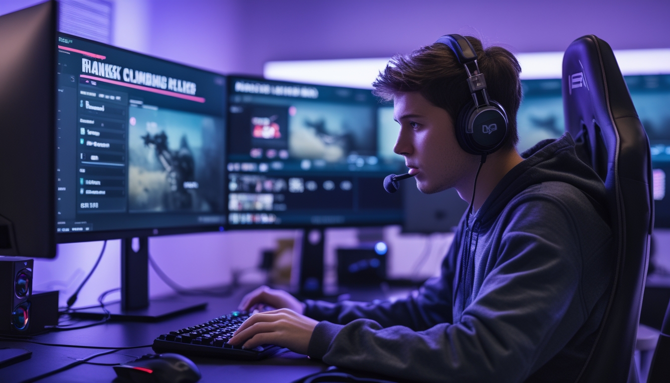 Seorang pemain muda sedang fokus bermain game di depan beberapa monitor dengan tampilan permainan tembak-menembak taktis.