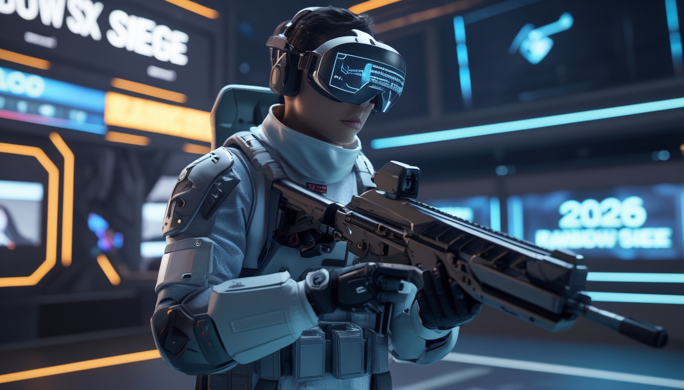 Seorang pemain esports mengenakan perlengkapan taktis futuristik siap bertanding dalam arena permainan dengan pencahayaan neon dan efek holografik.
