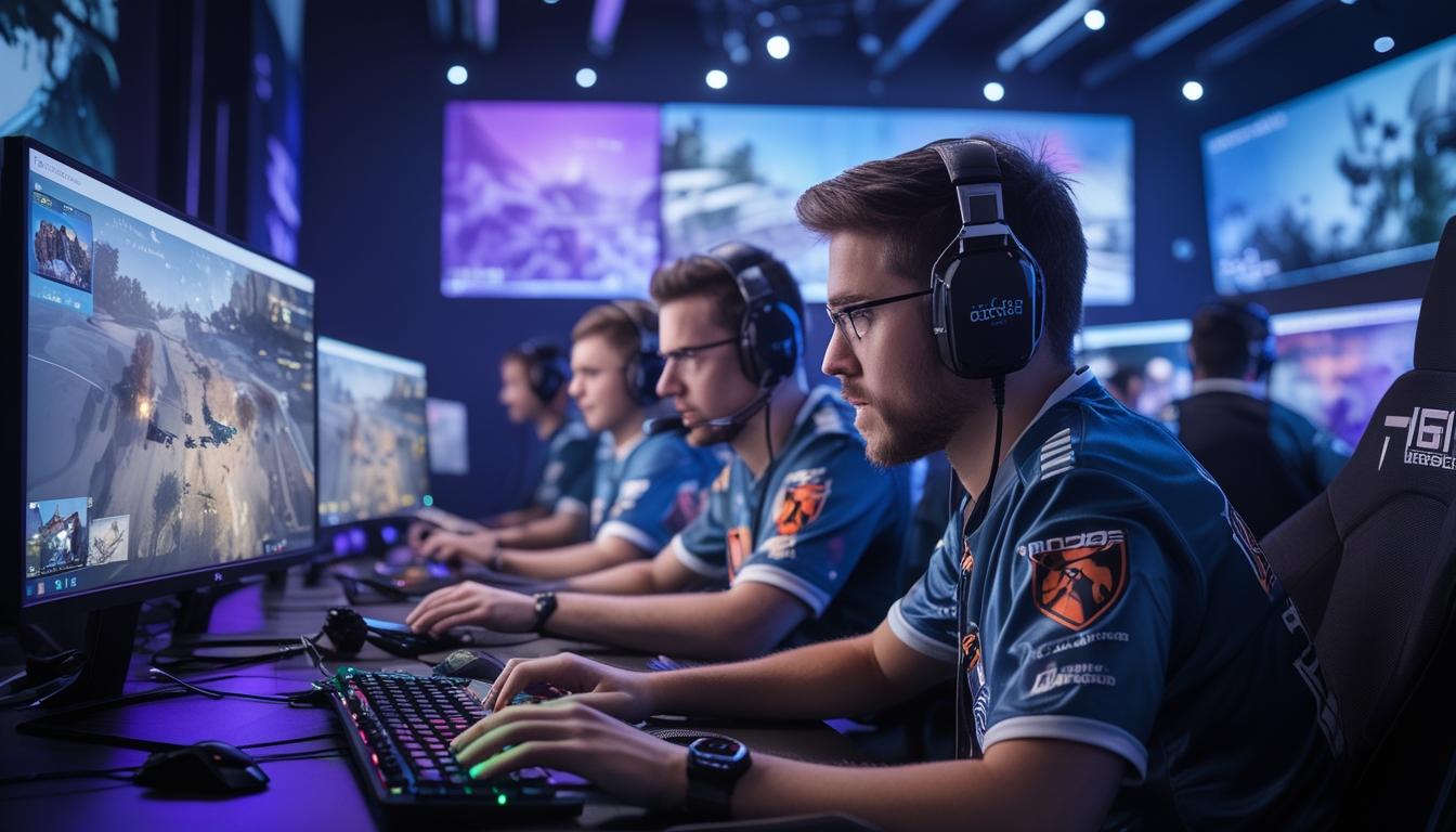 Sekelompok pemain sedang serius bermain Rainbow Six Siege 2026 di ruang esports dengan peralatan gaming canggih.